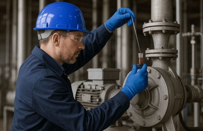 Industrial maintenance engineer checking oil levels on machinery during preventive maintenance in a manufacturing plant, wearing safety gear
