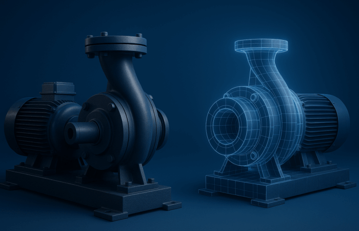 A centrifugal pump next to its digital twin