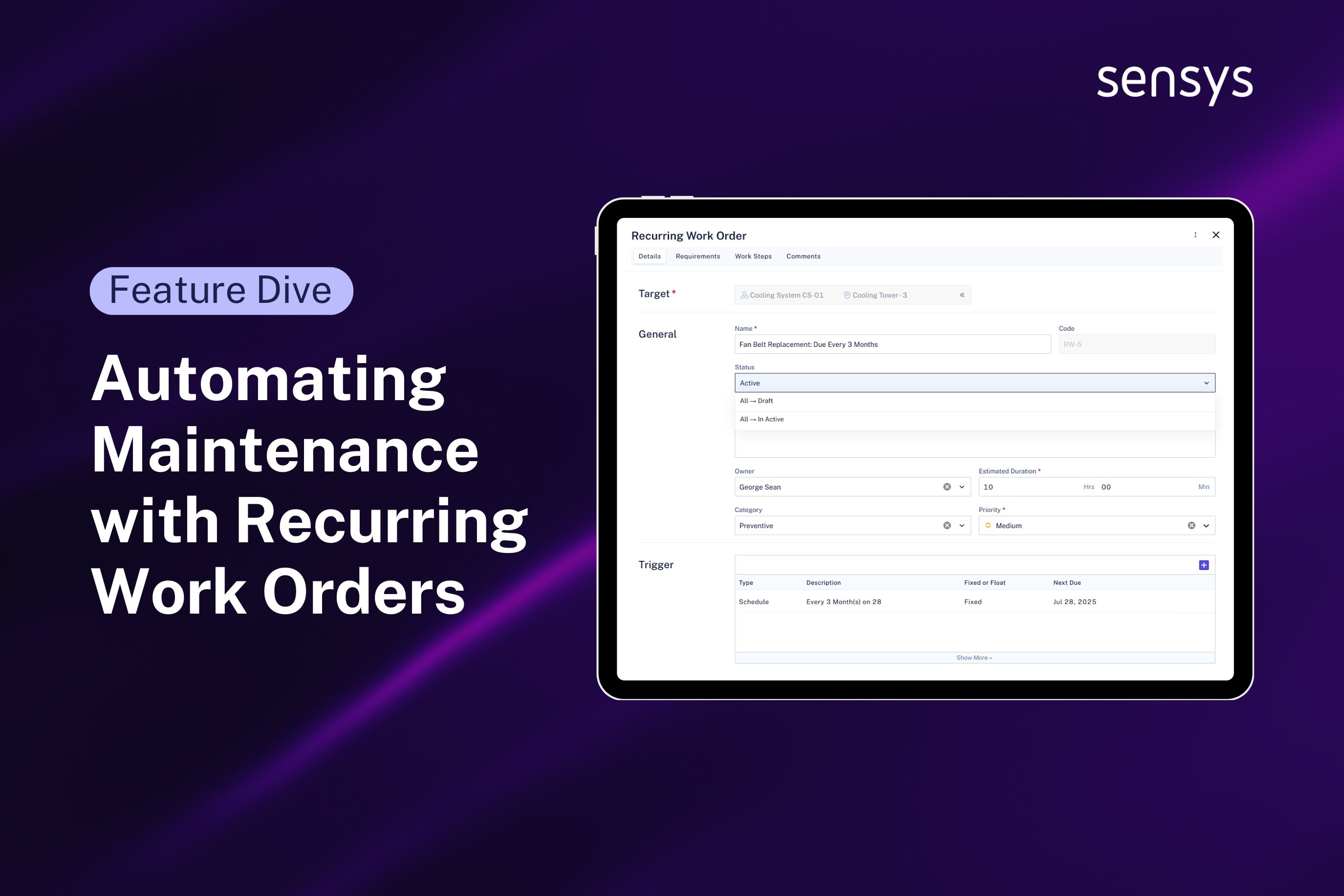 Recurring work order form in Sensys CMMS opened on a tablet
