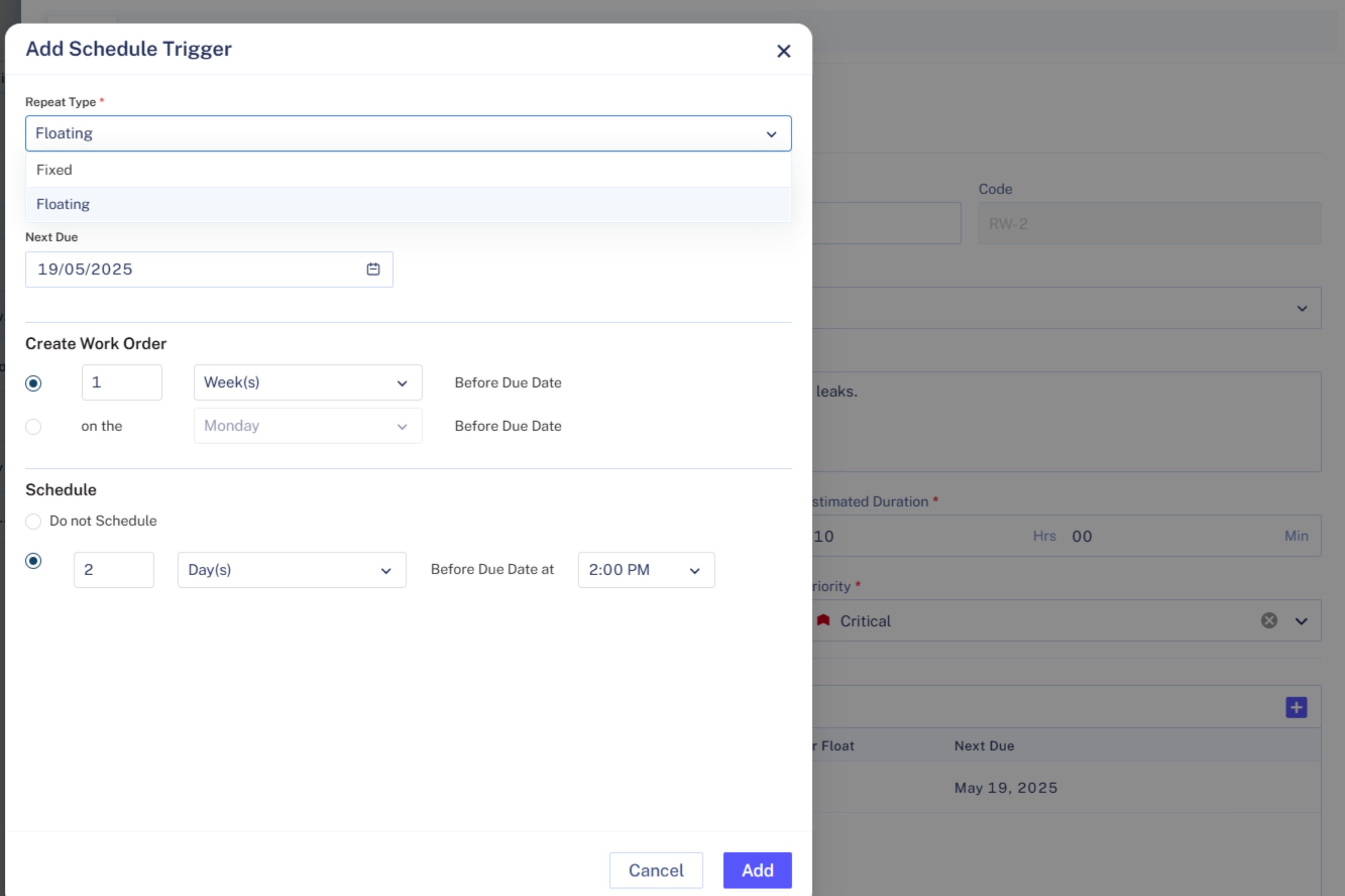 Fixed and floating schedules in Sensys CMMS