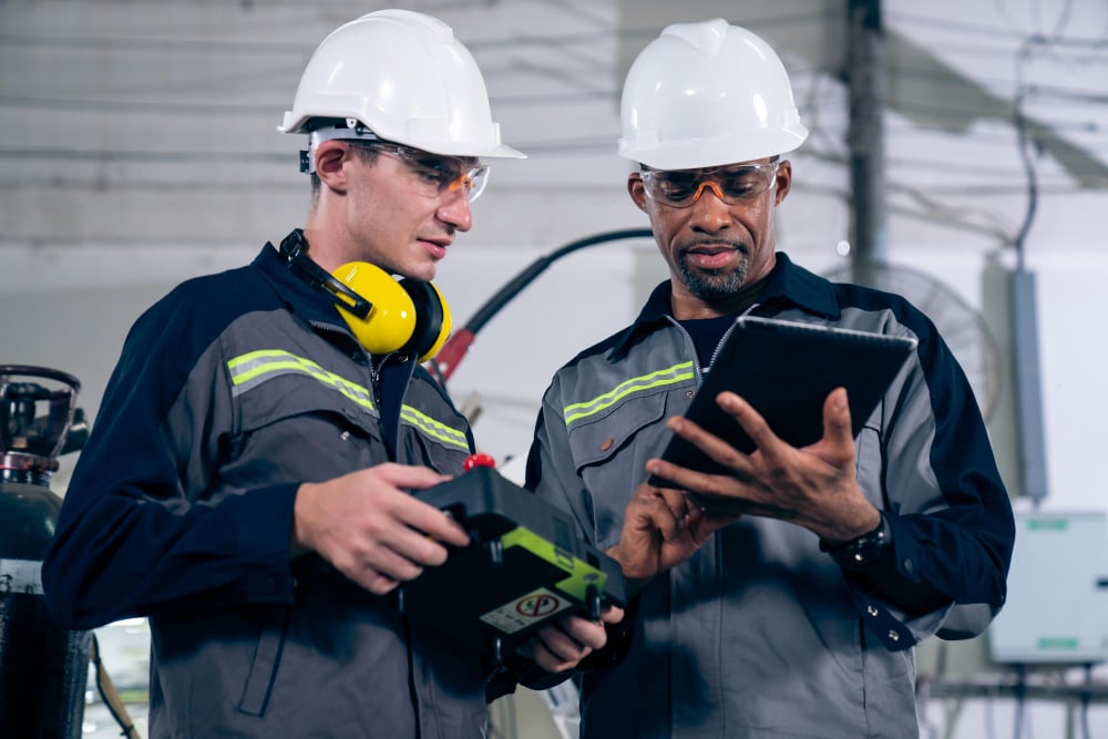 Two industrial maintenance workers wearing safety helmets, goggles, and reflective uniforms are standing in a factory. One holds a diagnostic tool, while the other uses a tablet to review data or instructions. They are discussing maintenance or inspection tasks.